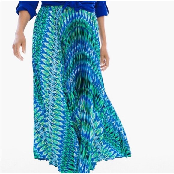 NWT Chico's Pleated Maxi Skirt Med Sz 1 (8) Long Silky Blue Green Ikat Art - Picture 1 of 16